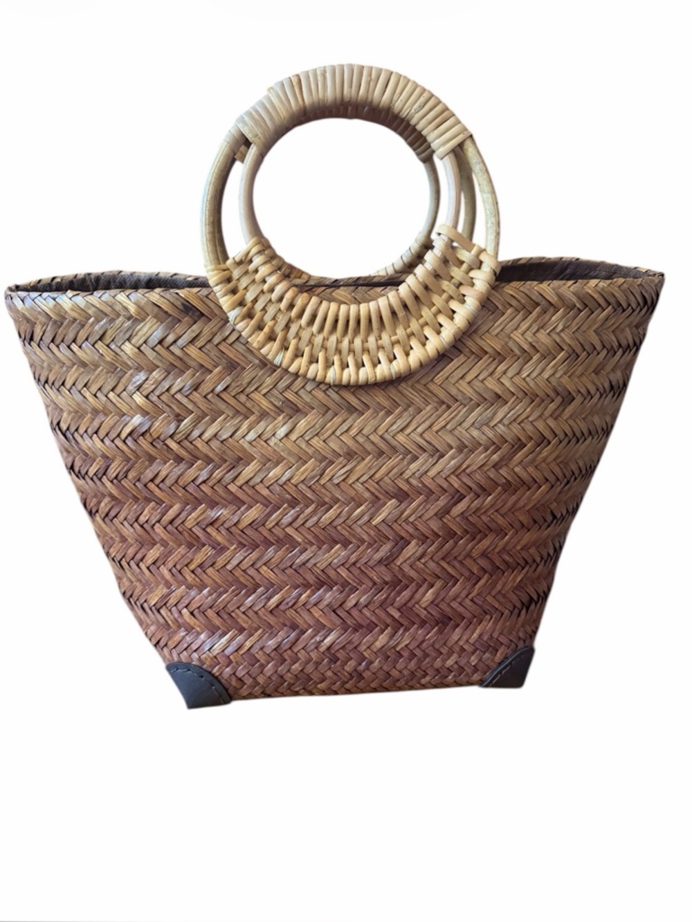 Ombré Woven Pattern Straw Tote Bag with Round Bamboo Handles - Natural Brown
